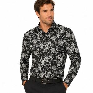 Express 1MX Shirt Mens Large Slim Mens  Black White Floral Long Sleeve Button U
